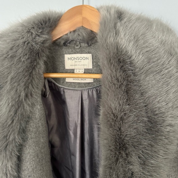 Monsoon Wool Rich removable faux fur trim collar wool blend coat in gray sz 14 - Picture 11 of 16